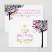 PixDezines RSVP ツリー・オブ・ライフ / ネオンピンクのバット・ミッツヴァー ✡ 招待状 (正面/裏面)