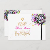 PixDezines RSVP 生命の木 ユダヤ教の儀礼 音楽 バット・ミッツヴァ ✡ 招待状 (正面/裏面)