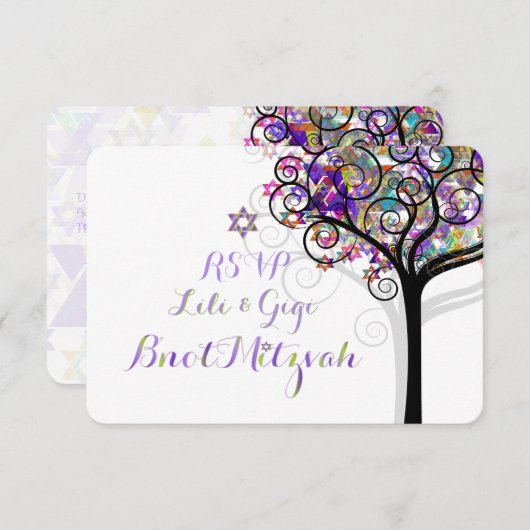 PixDezines RSVP TREE OF LIFE Bnot（ユダヤ教の）バル・ミツバー/PU 招待状 (正面/裏面)