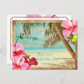 PixDezines/save日付/ヴィンテージ熱帯ビーチ 案内ポストカード (正面/裏面)