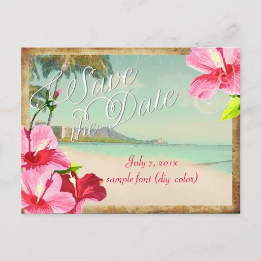 PixDezines/save日付/ヴィンテージ熱帯ビーチ 案内ポストカード (正面)