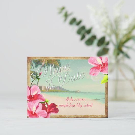 PixDezines/save日付/ヴィンテージ熱帯ビーチ 案内ポストカード (スタンド正面)