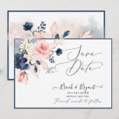 PixDezines Save Date H2 ダスティーブルー ブラッシュローズ 招待状 (正面/裏面)