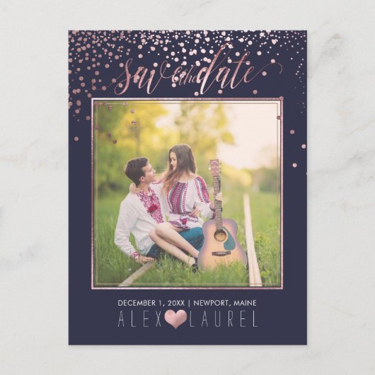 PixDezines Save th 日付/偽のローズゴールドのコンフェッティ 案内ポストカード (正面)