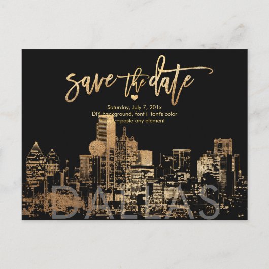 PixDezines/Save the Date Dallas Skyline/フェイク金ゴールド 案内ポストカード (正面)