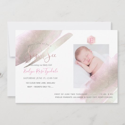 PixDezines SIP+SEE、モノグラム、プラチナ+赤面 案内状 (正面)