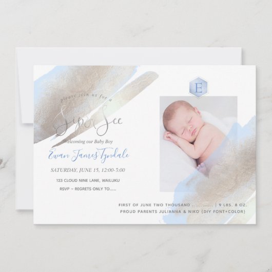 PixDezines SIP+SEE、モノグラム、プラチナ+青 案内状 (正面)