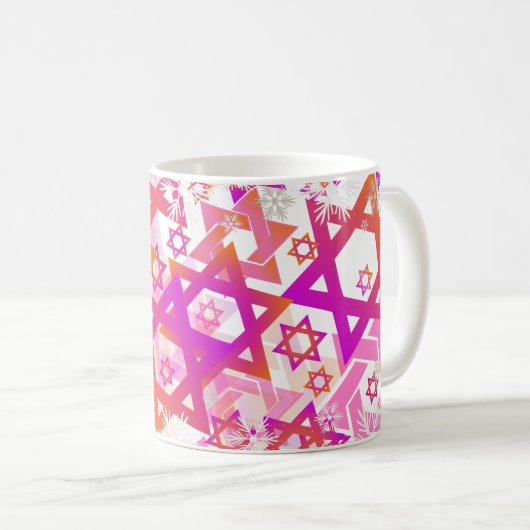 PixDezines Star of David Pattern, Pink+Orange コーヒーマグカップ (正面右)