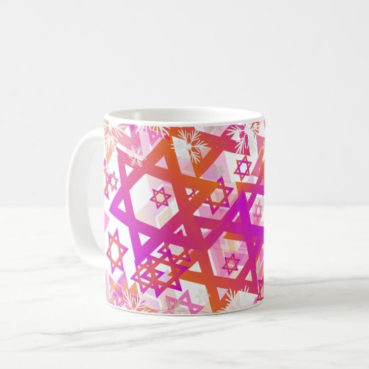 PixDezines Star of David Pattern, Pink+Orange コーヒーマグカップ (正面左)
