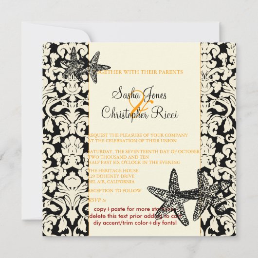 PixDezines starfish+damask/diyカラー 招待状 (裏面)