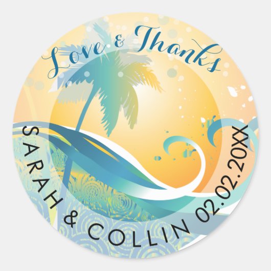 PixDezines sunset/retro waves/palm trees ラウンドシール (正面)