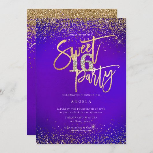 PixDezines Sweet 16ダイヤモンドグリッターウルトラバイオレット 招待状 (正面/裏面)