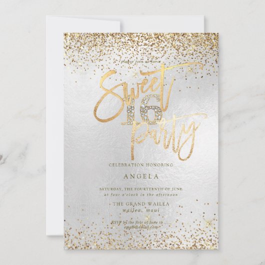 PixDezines Sweet 16ダイヤモンドシルバー金ゴールドグリッター 招待状 (正面)