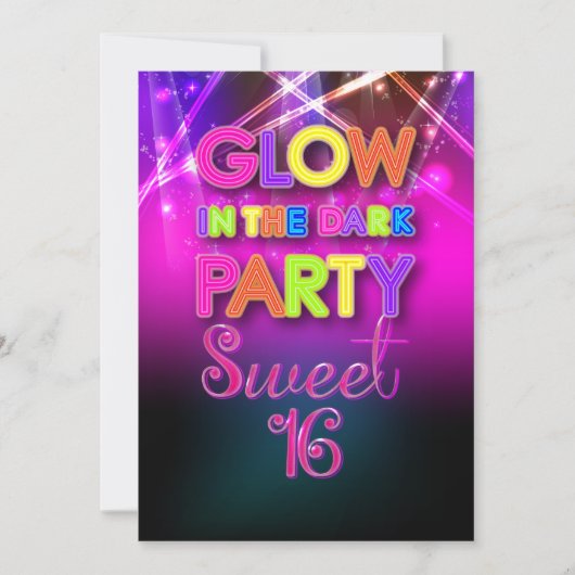 PixDezines Sweet 16、レーザーライト/グローパーティー 招待状 (正面)