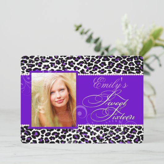 PixDezines sweet 16/purple leopard 招待状 (スタンド正面)