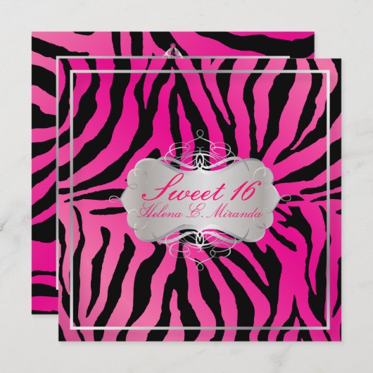 PixDezines SWEET 16/ZEBRA PRINT/HOT PINK 招待状 (正面/裏面)
