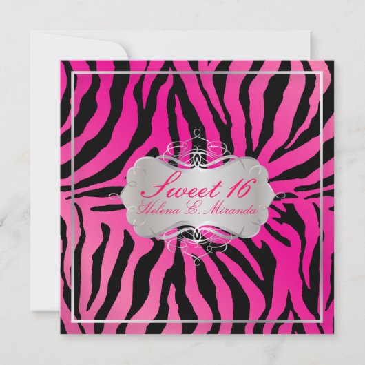 PixDezines SWEET 16/ZEBRA PRINT/HOT PINK 招待状 (正面)