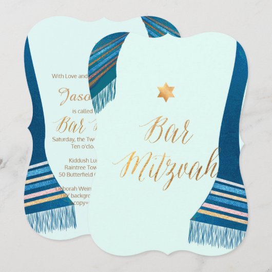 PixDezines Tallit/Mint/Teal/Bar Mitzvah 招待状 (正面/裏面)