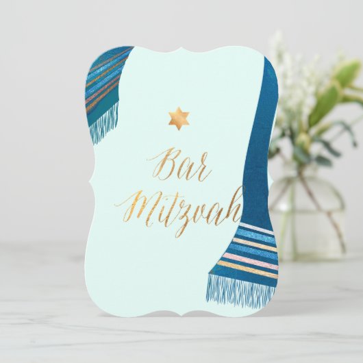 PixDezines Tallit/Mint/Teal/Bar Mitzvah 招待状 (スタンド正面)