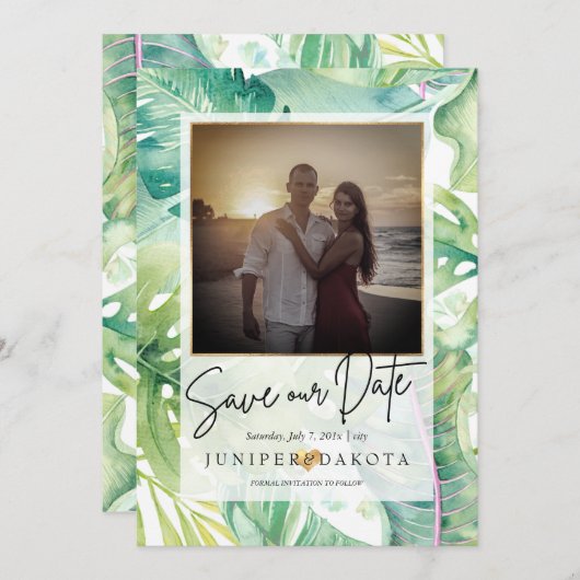 PixDezines Tropical Greenery 救  Our Date 招待状 (正面/裏面)