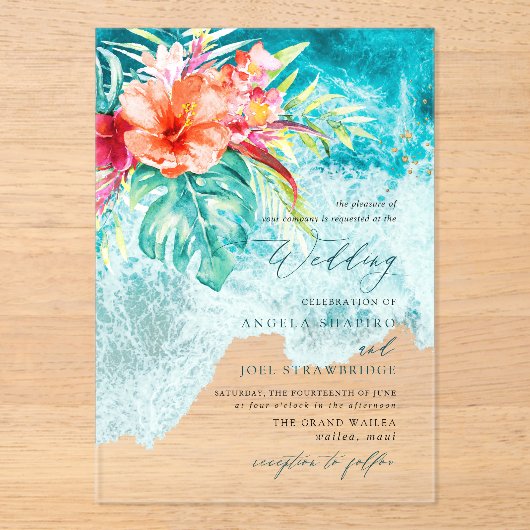 PixDezines Tropical Paradise Beach Wedding アクリル招待状 (正面)