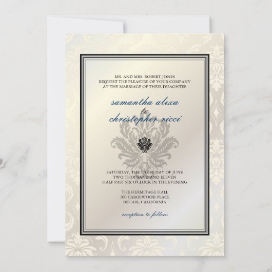 PixDezines Vendome Damask/黒+白5x7 招待状 (裏面)