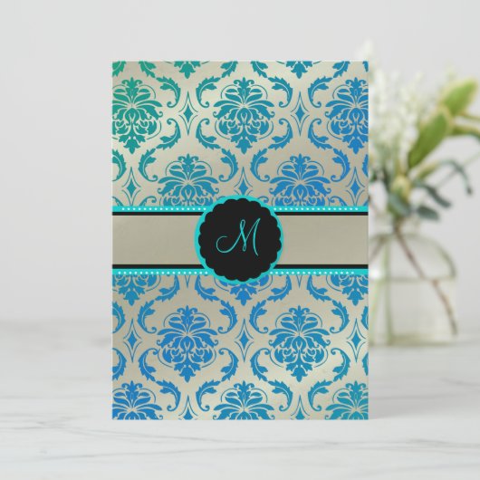 PixDezines Vendome Damask / Peacock Blue 招待状 (スタンド正面)