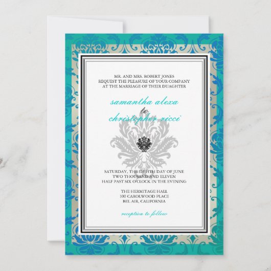 PixDezines Vendome Damask / Peacock Blue 招待状 (裏面)