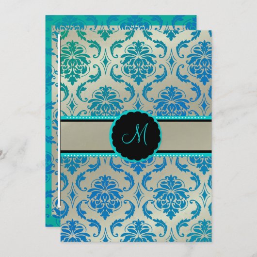 PixDezines Vendome Damask / Peacock Blue 招待状 (正面/裏面)