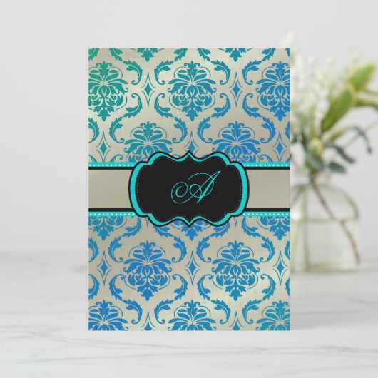 PixDezines Vendome Damask / Peacock Blue 招待状 (スタンド正面)