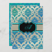 PixDezines Vendome Damask / Peacock Blue 招待状 (正面/裏面)