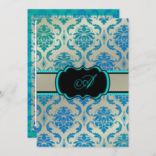 PixDezines Vendome Damask / Peacock Blue 招待状 (正面/裏面)