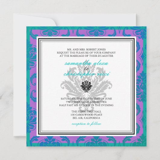 PixDezines Vendome Damask / Peacock Blue 招待状 (裏面)