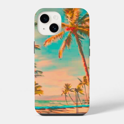 PixDezines Vintage Hawaiian Beach Scene/teal iPhoneケース (裏面)