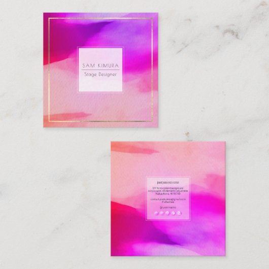 PixDezines Water Color モダン Waves、ネオンピンク スクエア名刺 (正面/裏面)