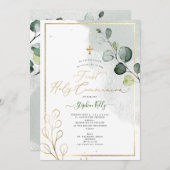 PixDezines Watercolorユーカリ素朴トゥス·コミュニオン 招待状 (正面/裏面)