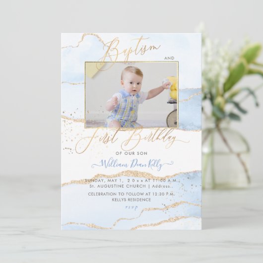 PixDezines Watercolor Agate Baptism 1st Barthday 招待状 (スタンド正面)