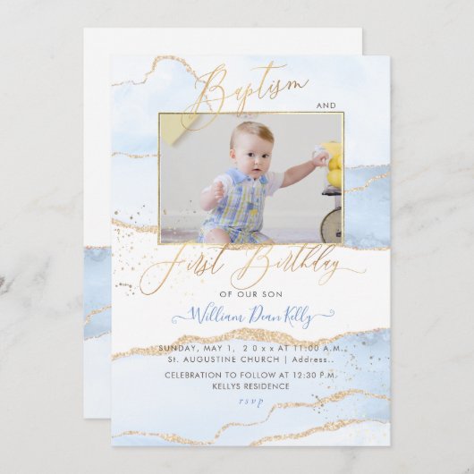 PixDezines Watercolor Agate Baptism 1st Barthday 招待状 (正面/裏面)