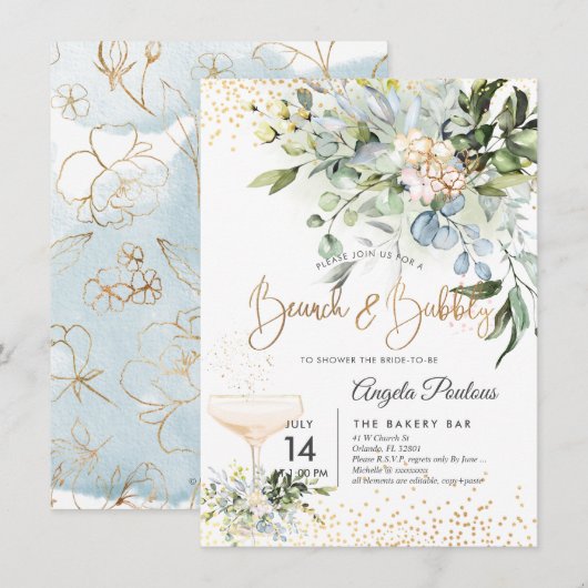 PixDezines Watercolor Blue Gum Brunch Bubbly 招待状 (正面/裏面)