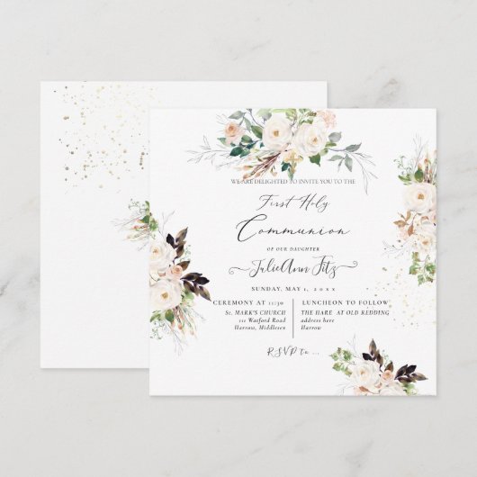 PixDezines Watercolor Blush+Cream Roses Communion 招待状 (正面/裏面)