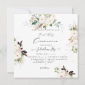 PixDezines Watercolor Blush+Cream Roses Communion 招待状 (正面)