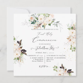 PixDezines Watercolor Blush+Cream Roses Communion 招待状