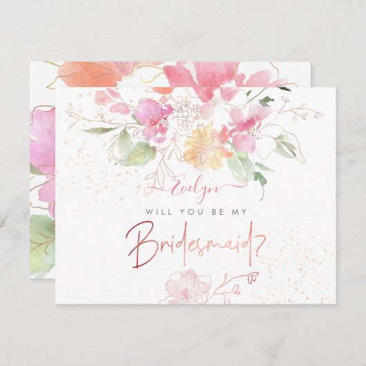 PixDezines Watercolor Blushing Romance Bridesmaid（ 招待状 (正面/裏面)