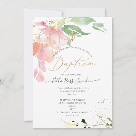 PixDezines Watercolor Blushing Suetepeas Baptism（P 招待状 (正面)