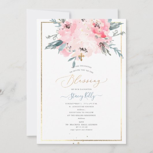 PixDezines Watercolor Delicate Peonies Baptism（Pix 招待状 (正面)