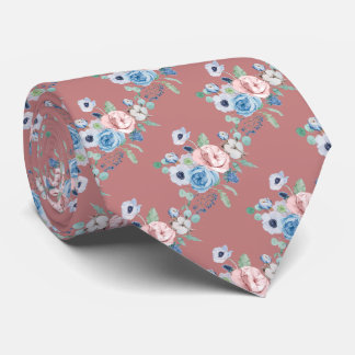 PixDezines Watercolor Dusty Blue Rose Peonies Neck ネクタイ