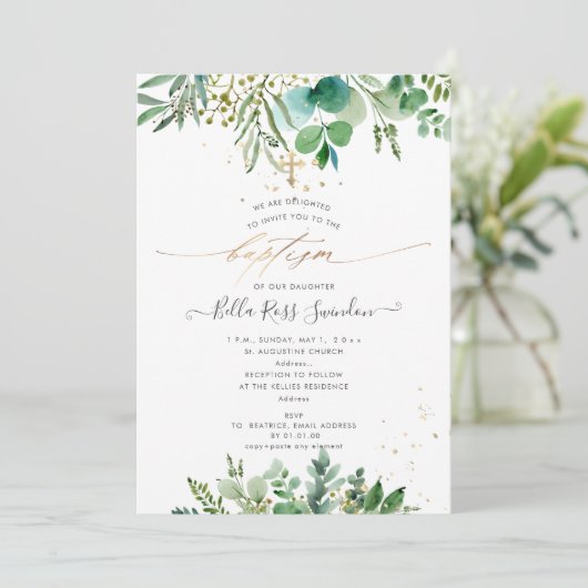 PixDezines Watercolor Eucalyptus Greenery Baptism（ 招待状 (スタンド正面)