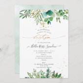 PixDezines Watercolor Eucalyptus Greenery Baptism（ 招待状 (正面/裏面)