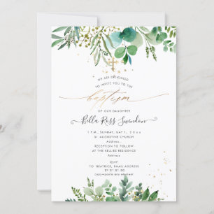 PixDezines Watercolor Eucalyptus Greenery Baptism（ 招待状