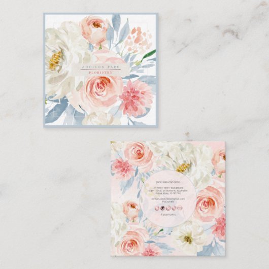 PixDezines Watercolor Flowers, Blush+Burgundy スクエア名刺 (正面/裏面)